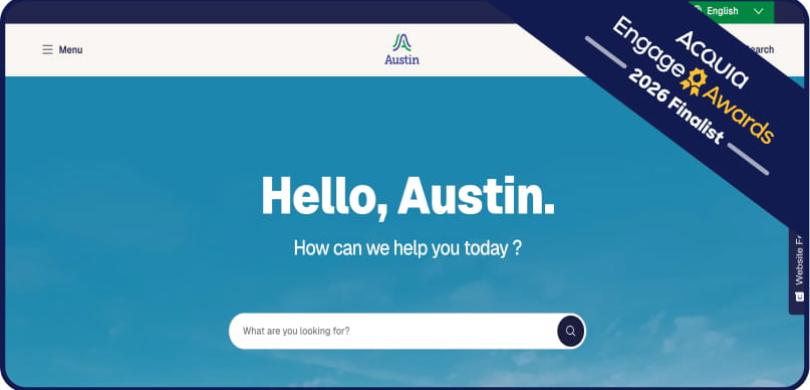 Website homepage with "Hello, Austin" greeting and search bar on teal background