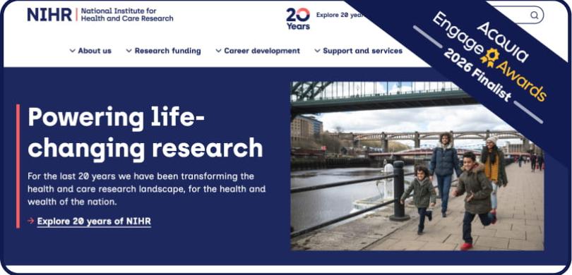 NIHR logo and text about powering life-changing research with people walking in airport terminal
