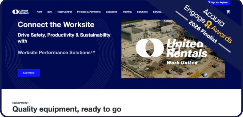 Screenshot of a website homepage featuring a mountain landscape with "Quality equipment, ready to go" tagline