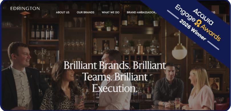 Corporate team celebrating in office with "Brilliant Brands, Brilliant Teams, Brilliant Results" overlay text
