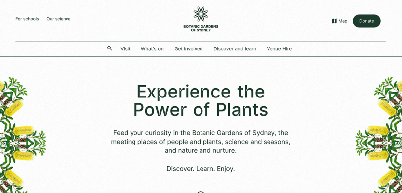 Website header with "Experience the Power of Plants" text surrounded by decorative botanical illustrations