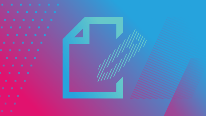Pencil and paper icon on a pink and blue gradient background