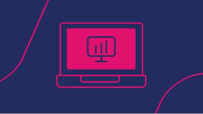navy background with pink line art icon of a computer with data on a laptop