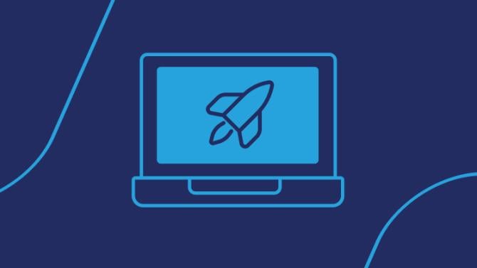 navy background with blue line art icon of rocket on a laptop