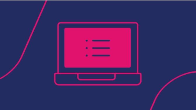 navy background with pink line art icon of a list on a laptop