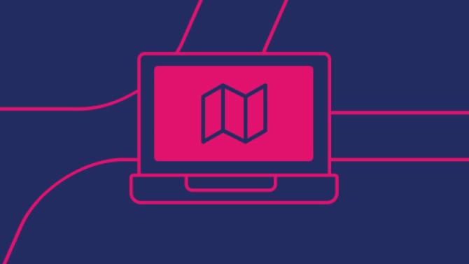 navy background with pink line art icon of a map on a laptop