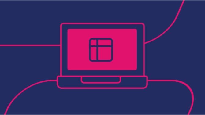 navy background with pink line art icon of a template on a laptop