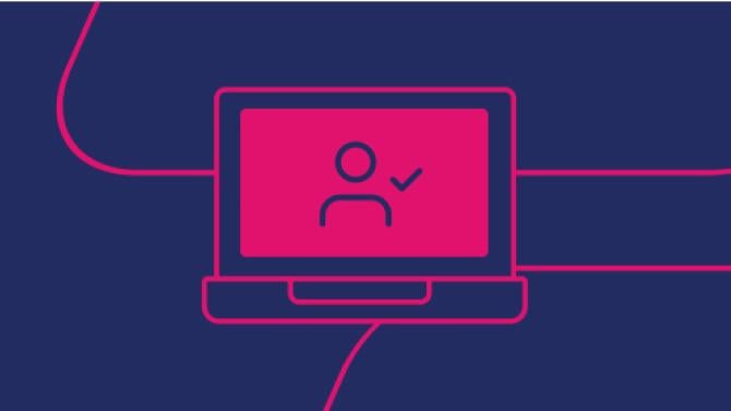 navy background with pink line art icon of a person with a check mark on a laptop