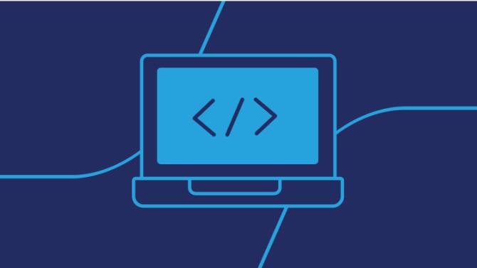navy background with blue line art of a code icon on a laptop