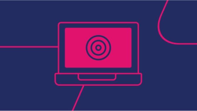 navy background with pink line art icon of a circle in a circle on a laptop
