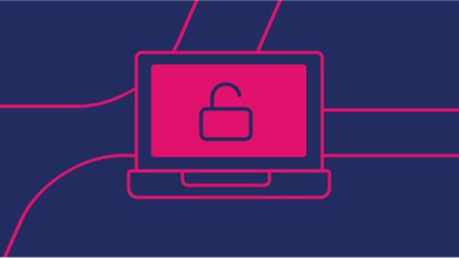 navy background with blue line art icon of unlocked lock on a laptop