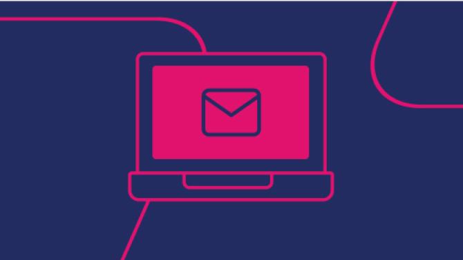 navy background with pink line art icon of an email on a laptop