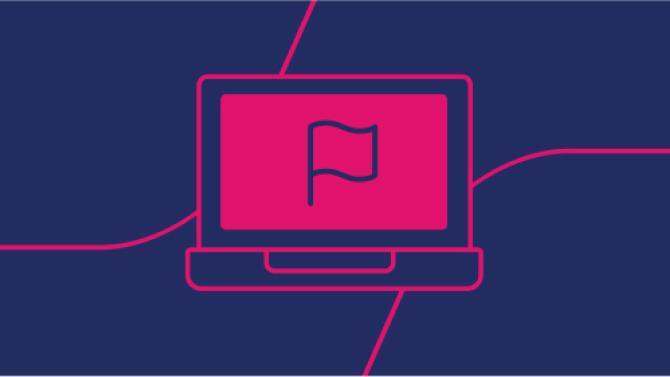 navy background with pink line art icon of a flag on a laptop