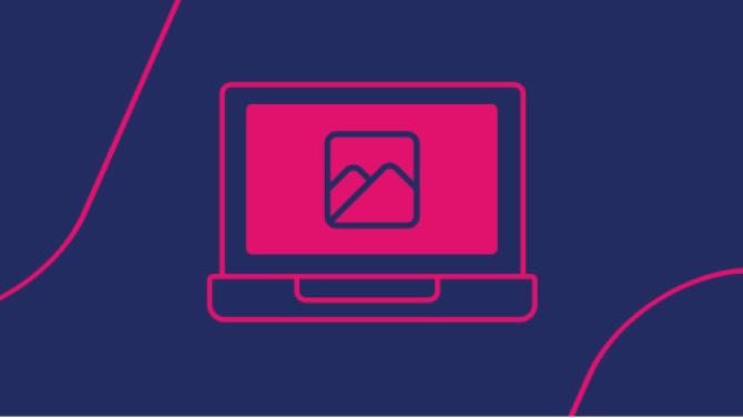 navy background with pink line art icon of an image on a laptop