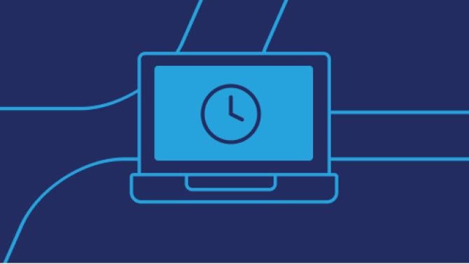 navy background with blue line art icon of a clock on a laptop