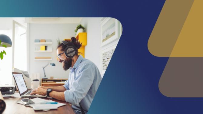 navy to teal background with an image of a person working on a computer with headphones on