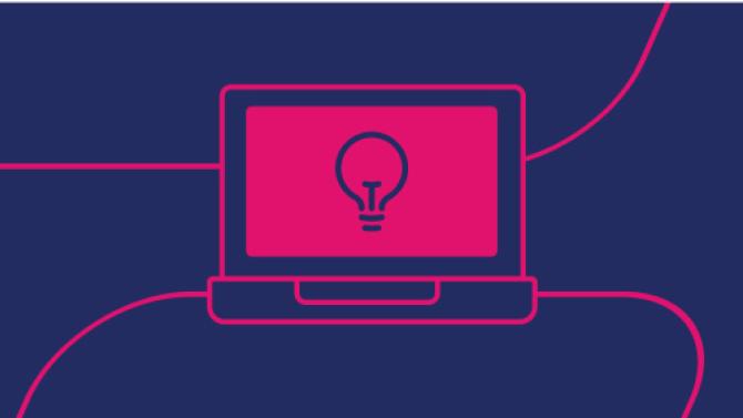 navy background with pink line art icon of a lightbulb on a laptop