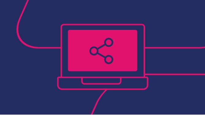 navy background with pink line art icon of three connected dots on a laptop
