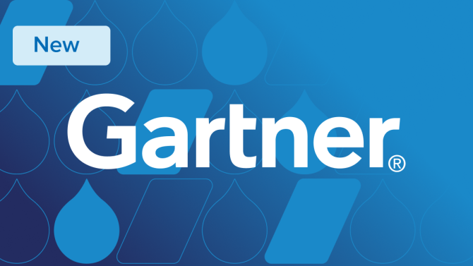 navy to blue gradient with faded droplets and parallelograms overlaid and the Gartner logo in the center with a badge that reads "New" in the top left