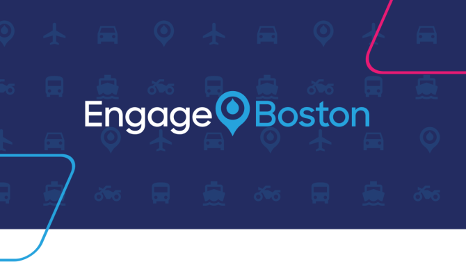 navy background with various modes of transportation icons lightly overlaid and the Engage Boston logo in the center with pink and blue parallelograms 