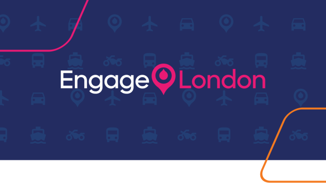 navy background with various modes of transportation icons lightly overlaid with the Engage London logo in the center and pink and orange parallelograms