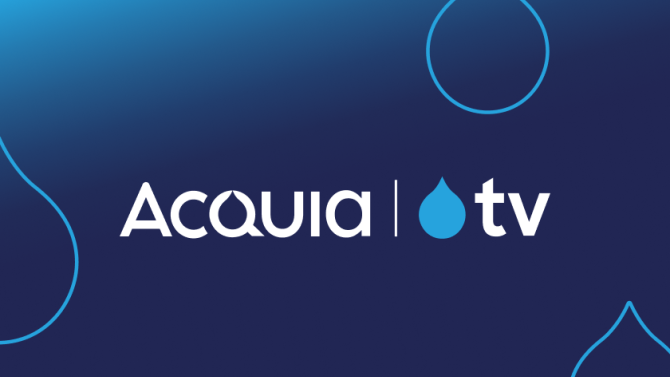 navy to blue gradient with line art of blue acquia droplets and the Acquia TV Logo