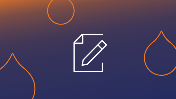 navy and orange background with orange droplets and an icon of a document
