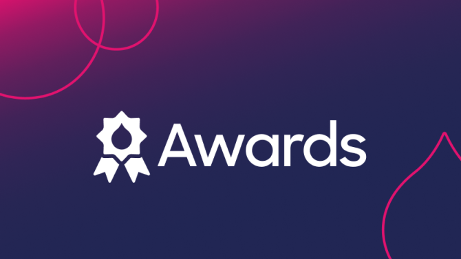 navy to pink gradient with pink droplets and the acquia engage awards logo