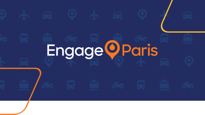 Navy background with pink and orange parallelograms and an Acquia Engage Paris Logo