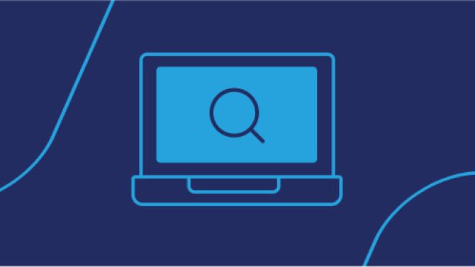 navy background with blue line art icon of a magnifying glass on a laptop
