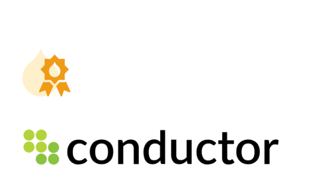 Conductor logo with yellow award ribbon icon and green dots