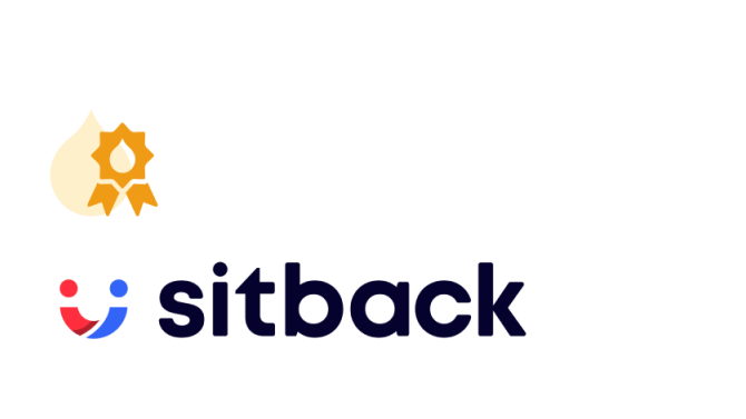 Sitback logo with orange gear icon and colorful dots above black text