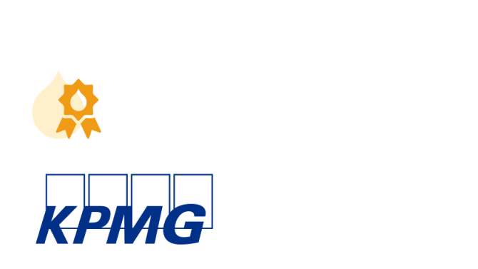 KPMG logo in blue text with orange award ribbon above
