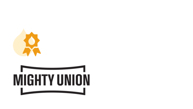 Yellow gear icon above "MIGHTY UNION" text logo in black sans-serif font