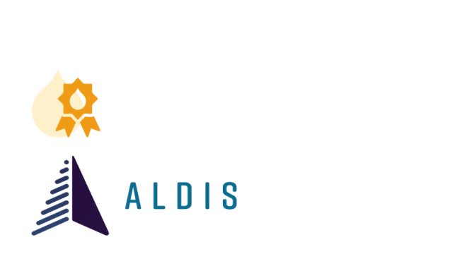 ALDIS logo with blue text and purple triangular graphic element, yellow gear icon above