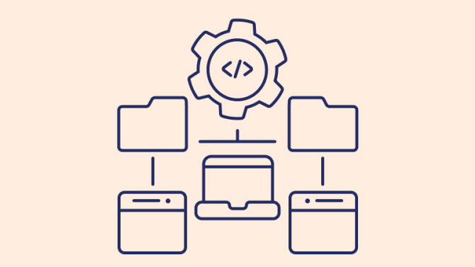 Flowchart diagram showing connected boxes with a gear containing code brackets at the top
