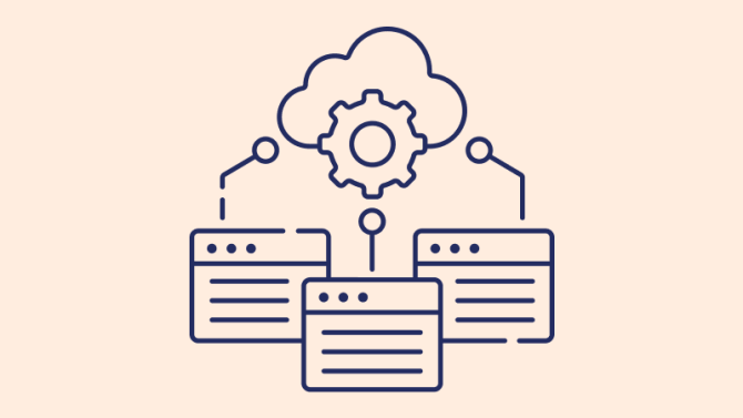 Cloud computing with document servers and gear icon