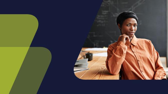 navy to pink background with an image of a woman standing in front of a chalkboard