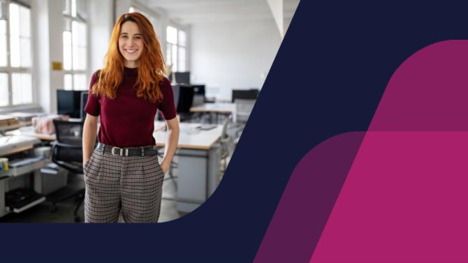 navy to blue background with image of woman standing in office