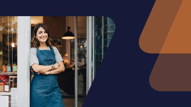 navy to pink background with image of persons standing outside shop in an apron