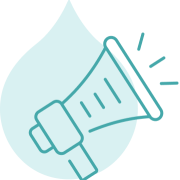 teal acquia droplet with a megaphone icon over it