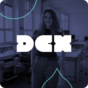 image of a woman standing with a navy overlay and the DCX logo overtop