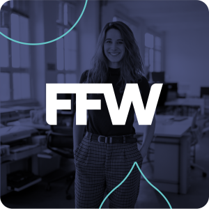image of a woman standing overlaid with navy and teal droplet and the white FFW logo