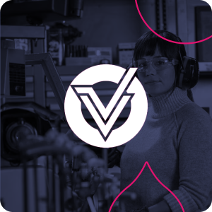 image of a woman standing with a navy overlay and the versantus logo overtop