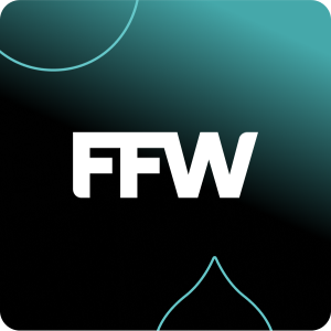 black and teal gradient with teal droplets and the white FFW logo