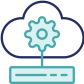 navy and teal icon of a cloud with a coghweel connected to a box