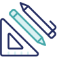 navy and teal icon of a triangle a pen and a pencil