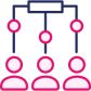 navy and pink icon of a box connecting to three people