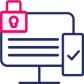 navy and pink icon of a computer with a rectangle and a check mark and a lock in the top left