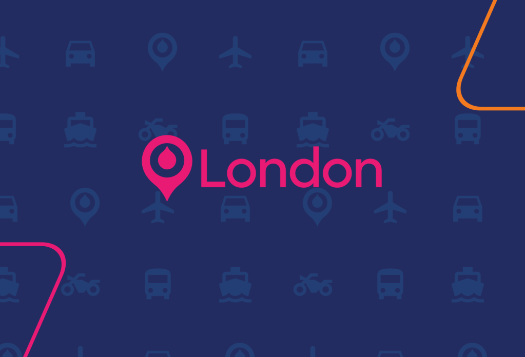 Map Pin with London Pink Text on Travel Icon Background with Pink and Orange Parallelograms